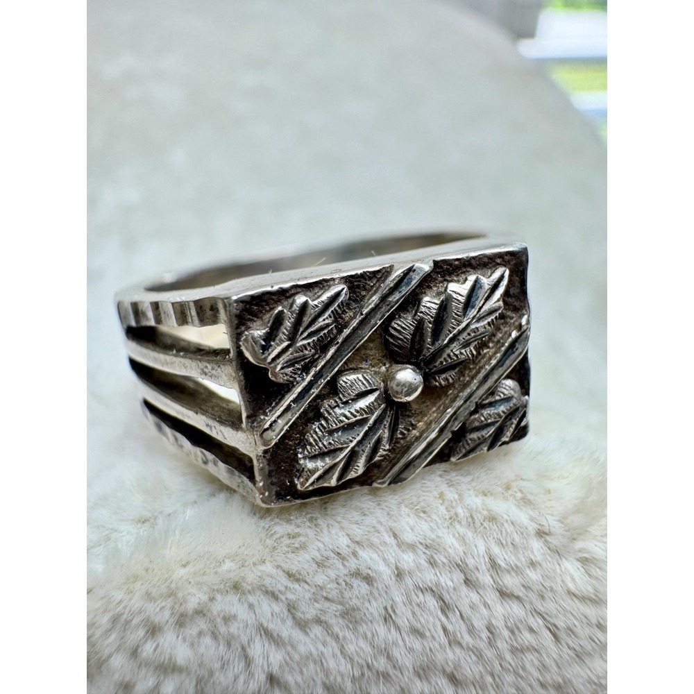 Vintage Sterling‎ Silver Leaf Feather Signet Ring Split Shank Mens Size 11.75